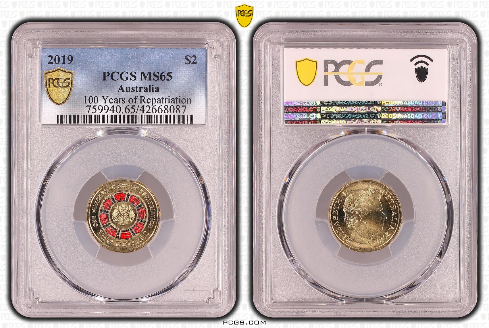 2019 $2 Coloured 100 Years of Repatriation PCGS Graded Coin MS65